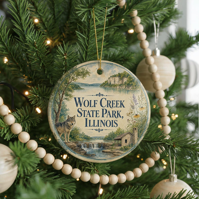 A round ornament hanging on a Christmas tree, featuring a scenic image of a wolf in a forest and the text "Wolf Creek State Park, Illinois".