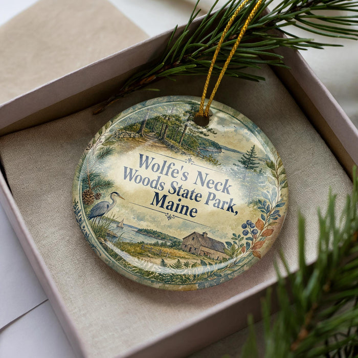 A decorative ornament in a box, featuring a scenic landscape with a house, trees, and a bird, along with the text "Wolf's Neck Woods State Park, Maine".