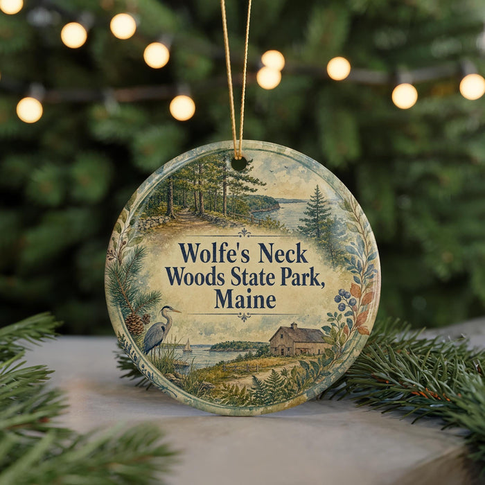 A round ornament with a scenic image of Wolf's Neck Woods State Park, Maine, hanging from a string.