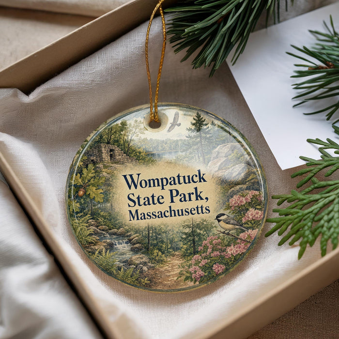 A decorative ornament with a scenic landscape of Wompatuck State Park, Massachusetts, featuring a bird perched on a tree branch and a winding path leading through the forest.