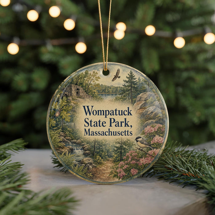 A round ornament with a scenic landscape of Wompatuck State Park, Massachusetts, featuring a bird, trees, and a winding path.