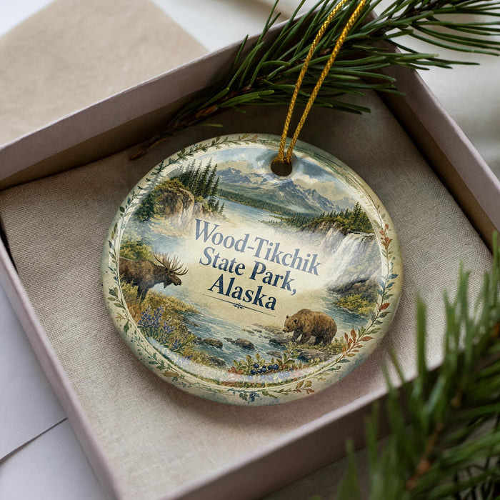 A decorative ornament in a box, featuring a scenic landscape with moose, bears, and waterfalls, with the text "Wood-Tikik State Park, Alaska" printed on it.