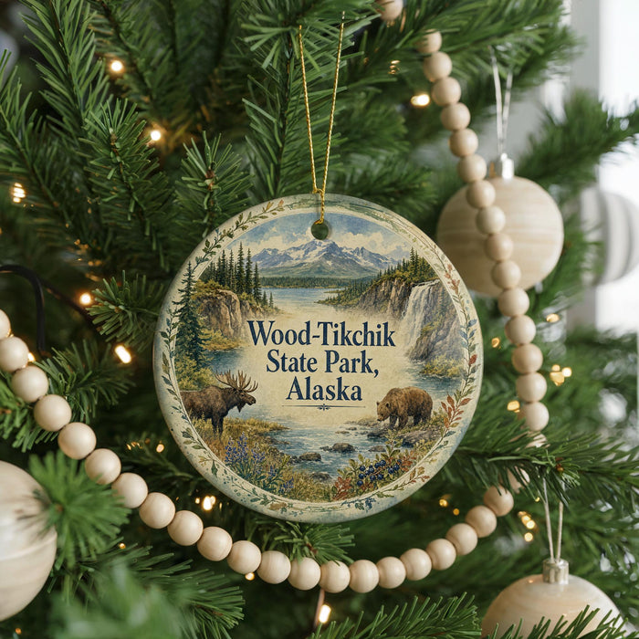 A circular ornament hanging on a Christmas tree, featuring a scenic landscape with mountains, a river, and wildlife, including moose and bears.