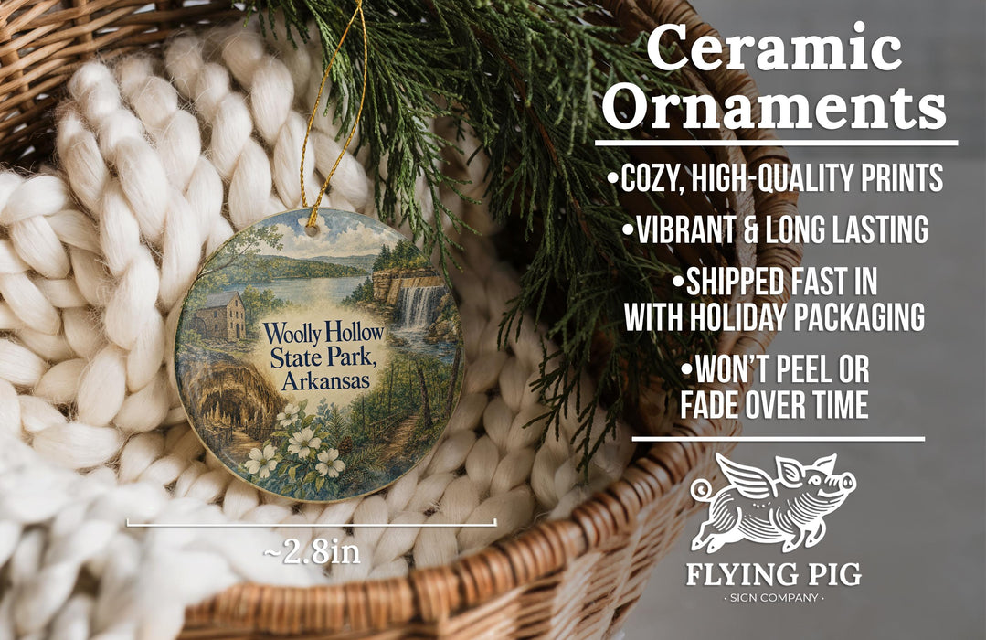 Ceramic ornaments, featuring a detailed image of Wooly Hollow State Park, Arkansas, hanging from a wicker basket.