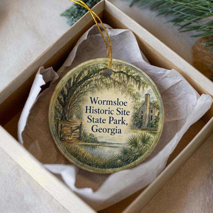 A circular ornament with a painting of a historical site, specifically Wormsleeve Historic Site, in Georgia, displayed in a box.