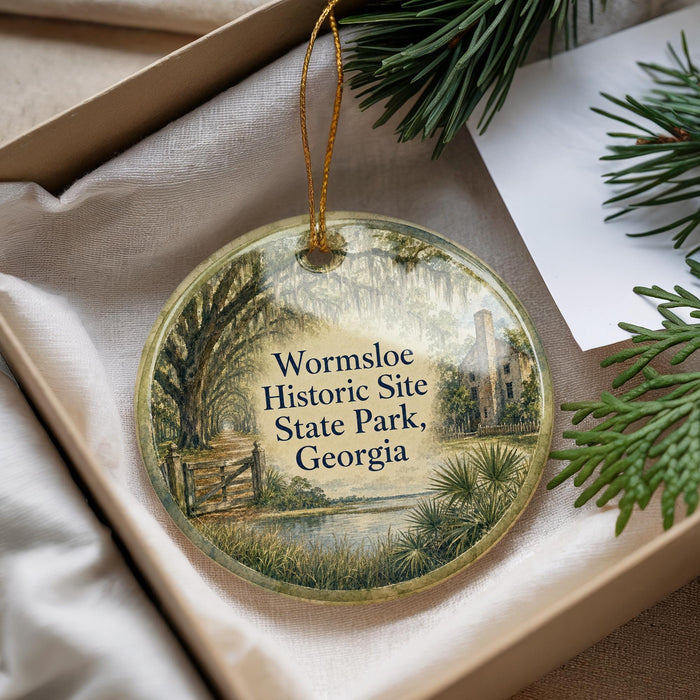 A round ornament with a scenic image of Wormsleeve Historic Site State Park, Georgia, hanging from a string.