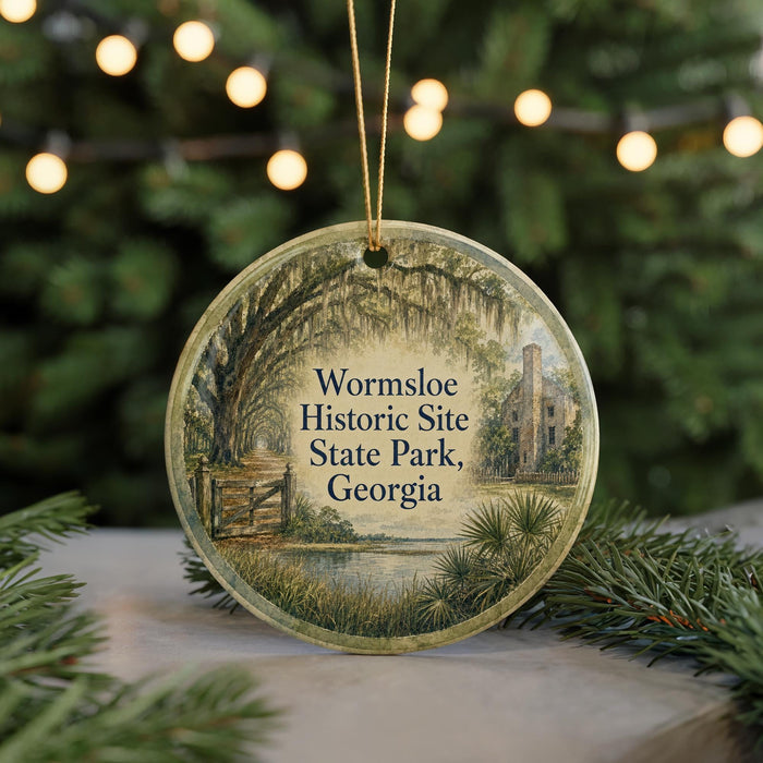A circular ornament with a painting of a historical site, specifically Wormsleeve Historic Site, in Georgia, surrounded by greenery and a string of lights.