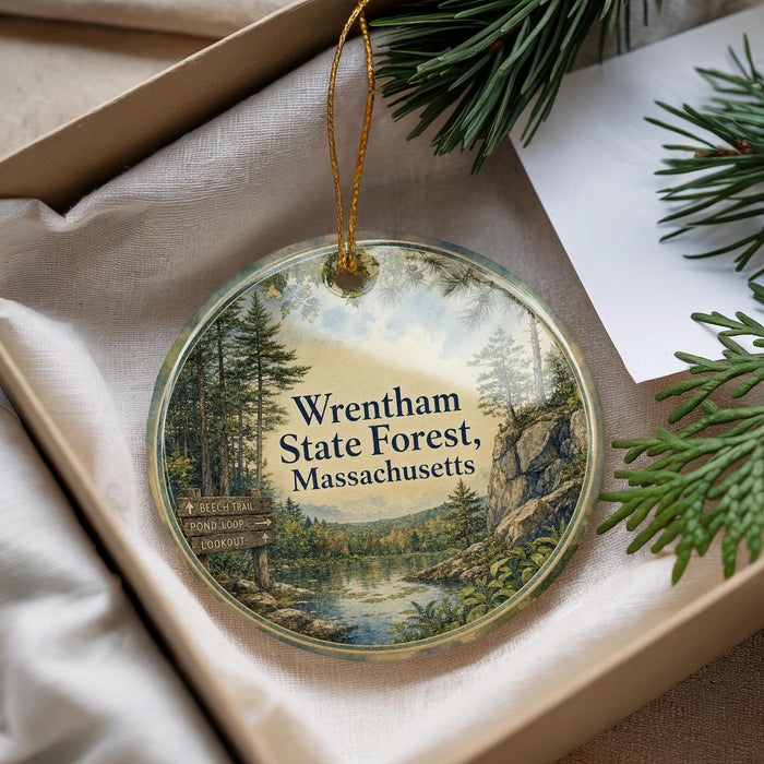 A round ornament with a scenic forest landscape, featuring pine trees, a river, and mountains, is displayed in a box with pine branches.