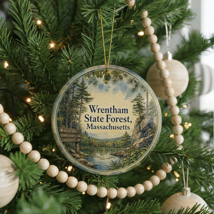 A circular ornament hanging on a Christmas tree, featuring a scenic landscape with pine trees, a river, and a sign that reads "Wrentham State Forest, Massachusetts".