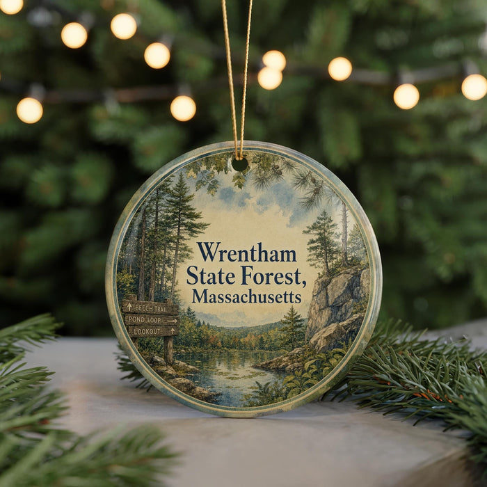 A circular ornament with a scenic forest landscape and directional signs, hanging in front of a blurred Christmas tree with lights.