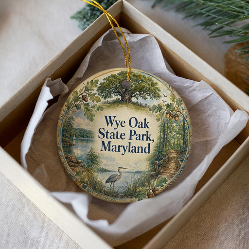 A decorative ornament in a white box, featuring a scenic image of Wyke Oak State Park, Maryland.