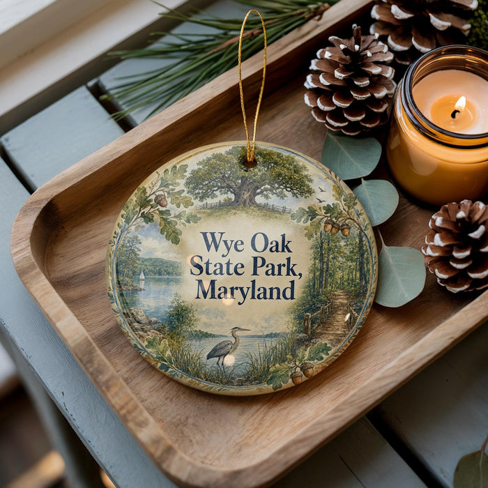 A wooden tray with a decorative ornament featuring a scenic image of Wyke Oak State Park, Maryland, and pine cones.