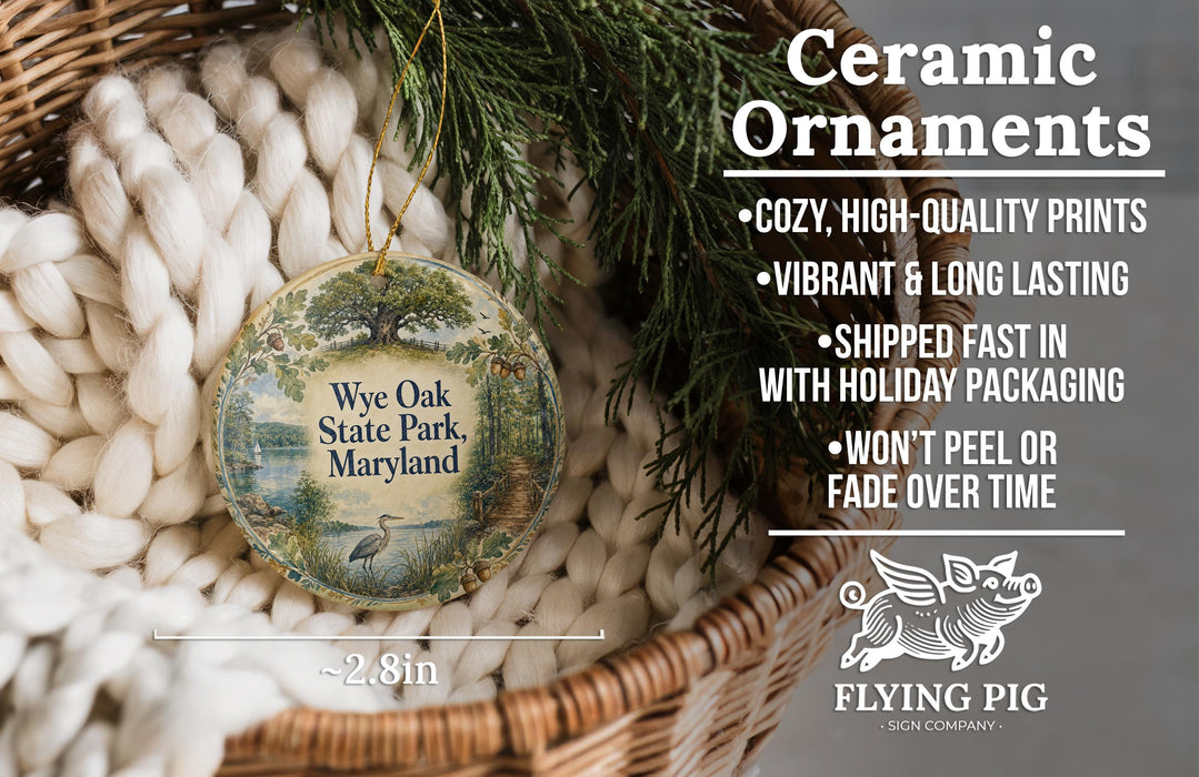 Ceramic ornaments, specifically a round ornament with a tree design, are displayed in a basket with greenery. The ornament is described as having a high-quality print, vibrant colors, and a long-lasting quality. It is also shipped fast and comes with holiday packaging, and it won't peel or fade over time.
