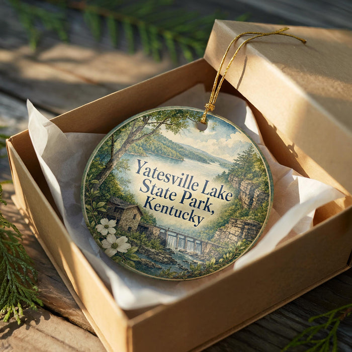 A decorative ornament in a wooden box, featuring a scenic landscape with a lake, trees, and a bridge.