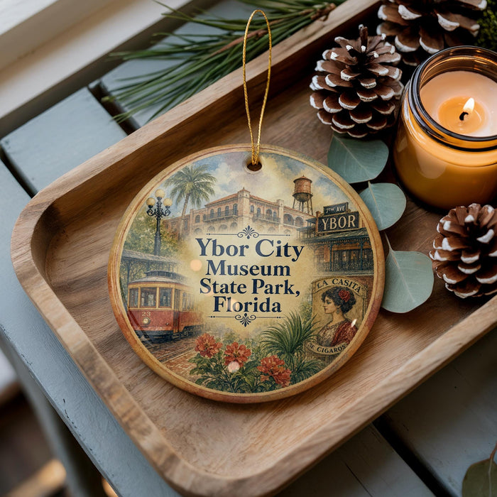 A decorative ornament featuring a trolley car and palm trees, with the text "Ybor City Museum State Park, Florida" displayed on it. The ornament is placed on a wooden tray, with pine cones and a candle nearby.
