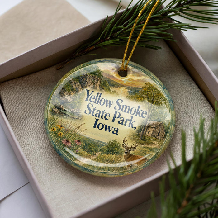 A decorative ornament with a scenic landscape of Yellow Smoke State Park, Iowa, featuring a deer and a cabin in the background.