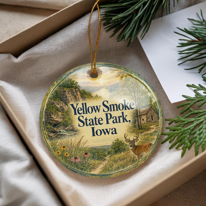 A decorative ornament with a scenic image of a park, featuring a deer and a cabin, is displayed in a box with pine branches.