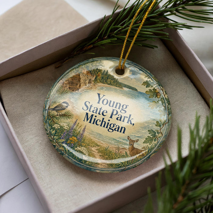 A decorative ornament in a box, featuring a scenic landscape with a bird, pine tree, and deer.