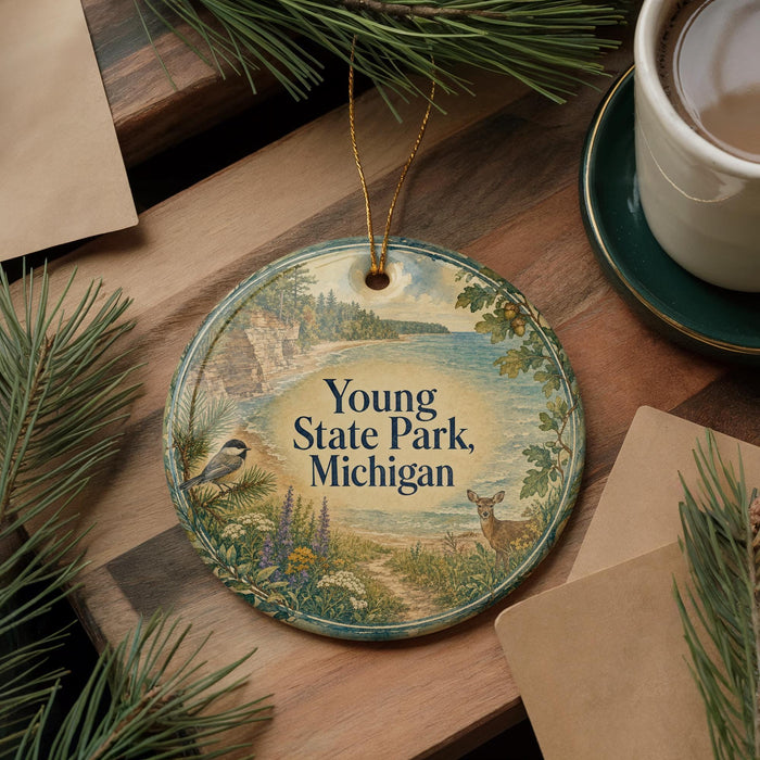 A decorative ornament with a scenic image of Young State Park, Michigan, featuring a bird, deer, and a forest landscape. The ornament is hanging on a wooden surface, surrounded by pine branches and a cup of coffee.