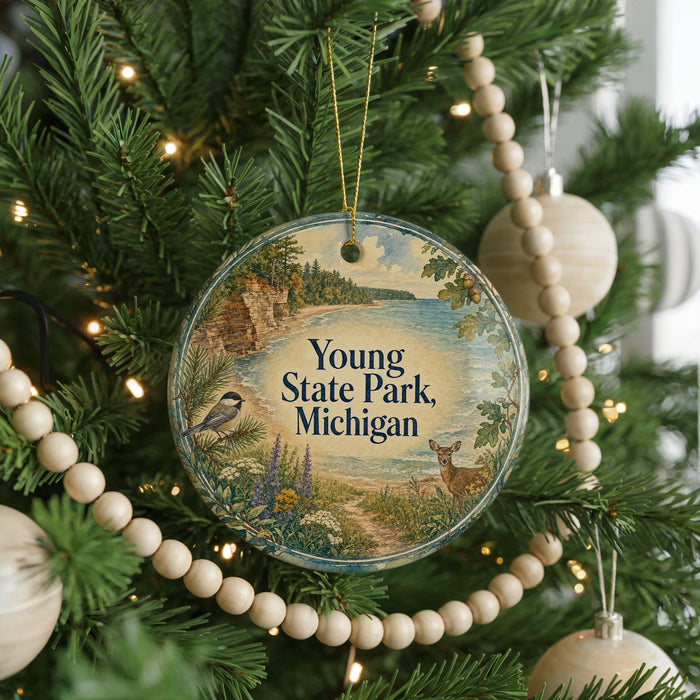 A circular ornament hanging on a Christmas tree, featuring a scenic image of Young State Park, Michigan.