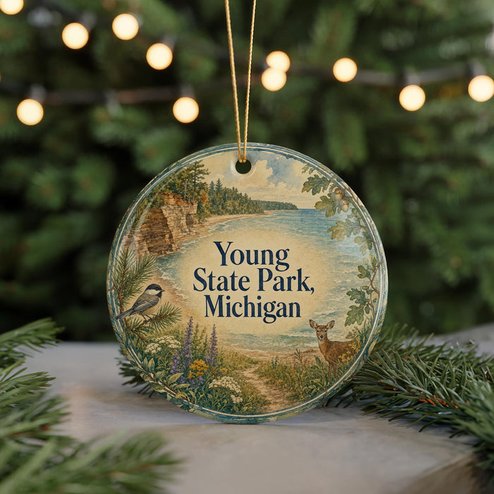 A circular ornament with a scenic illustration of Young State Park, Michigan, featuring a bird, deer, and a path through a forest.