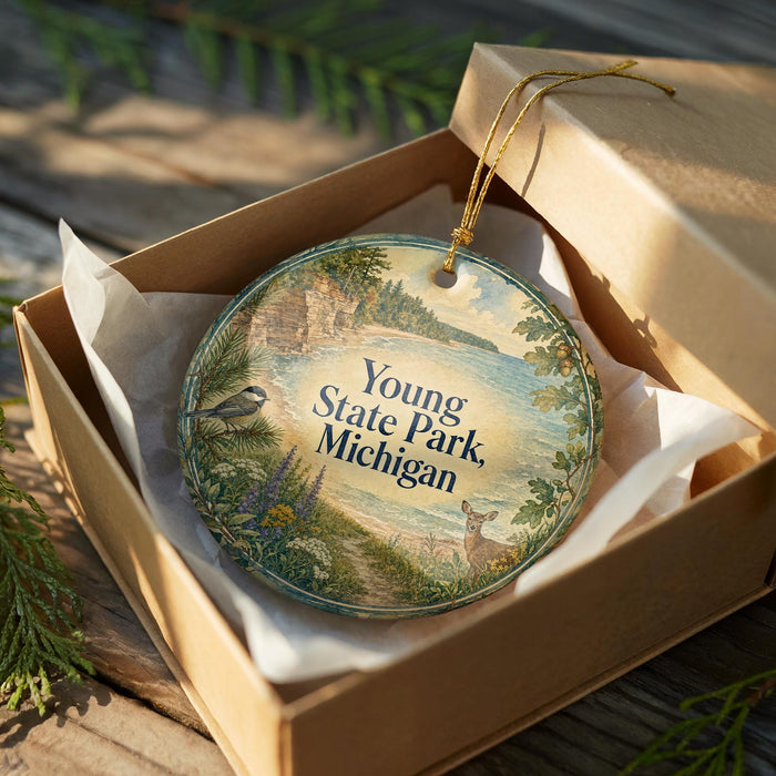 A decorative ornament in a brown box, featuring a scenic landscape with a bird, deer, and trees, along with the text "Young State Park, Michigan".