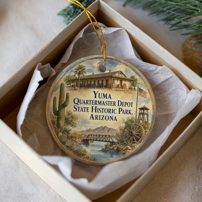 A circular ornament with a painting of a historical building and a desert landscape, placed in a box with a white tissue paper lining.
