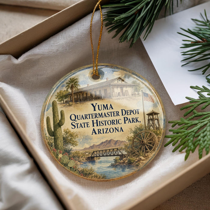 A decorative ornament with a picture of a historical building and a cactus, placed in a box with pine branches.