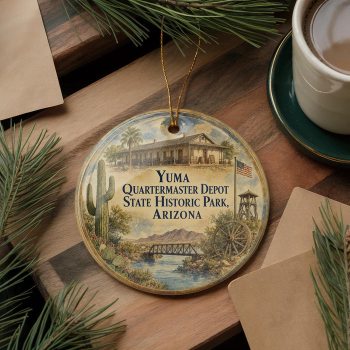 A decorative ornament featuring a scenic image of Yuma Quartermaster Depot State Historic Park, Arizona, surrounded by pine branches and a cup of coffee on a wooden surface.