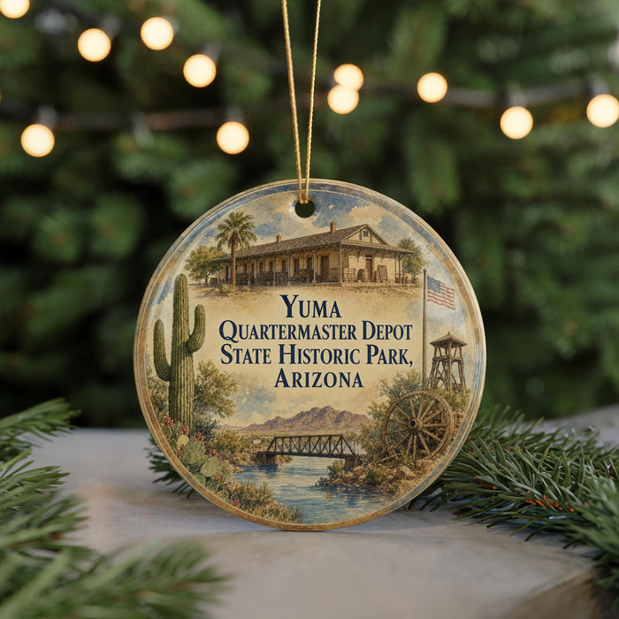 A round ornament featuring an illustration of Quartermaster Depot, a historic building in Arizona, surrounded by desert elements such as a cactus and a bridge.