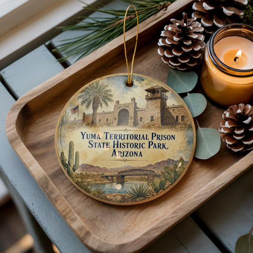 A decorative ornament featuring a painting of Yuma Territorial Prison, a historic landmark in Arizona, is displayed on a wooden tray alongside pine cones and a lit candle.