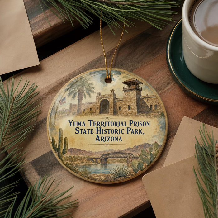 A decorative ornament featuring a painting of Yuma Territorial Prison in Arizona, surrounded by desert scenery and a bridge.
