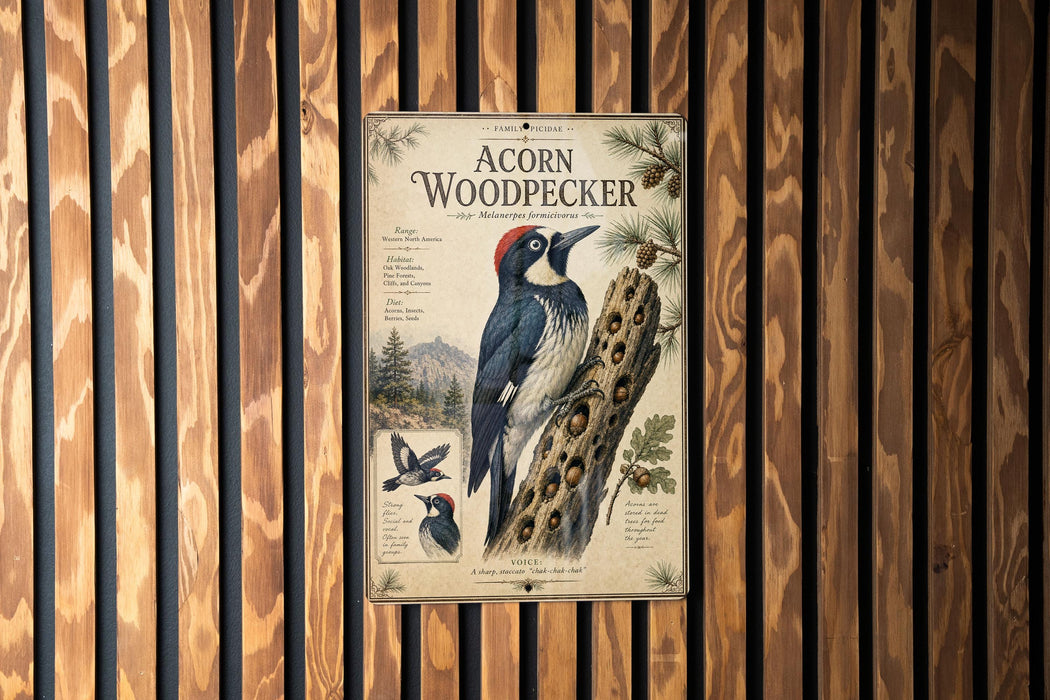 a poster of an acorn woodpecker, which is mounted on a wooden wall.
