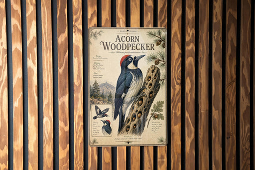 a poster of an acorn woodpecker, which is mounted on a wooden wall.