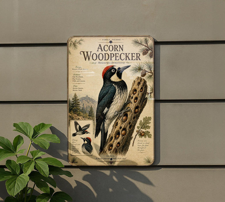 a vintage-style metal sign with illustrations of various birds, including a woodpecker, mounted on a wall.