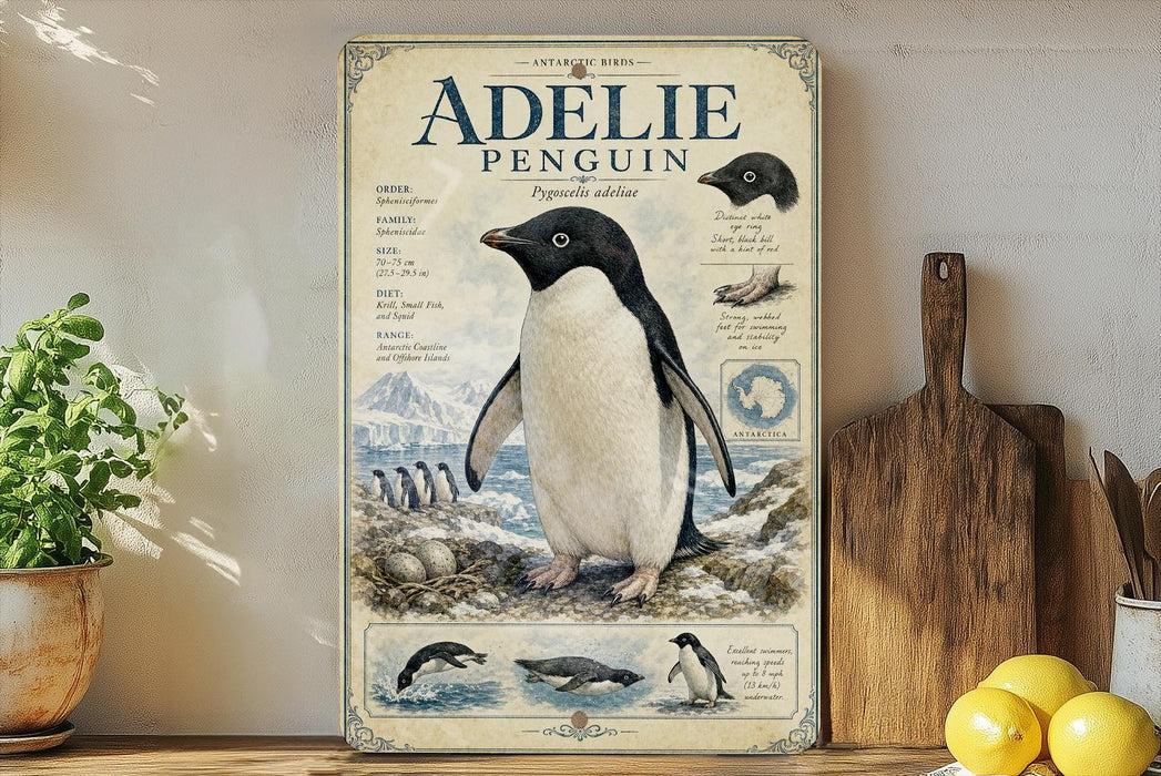 a poster of an Adelie penguin on a shelf, with a wooden cutting board and some lemons nearby.