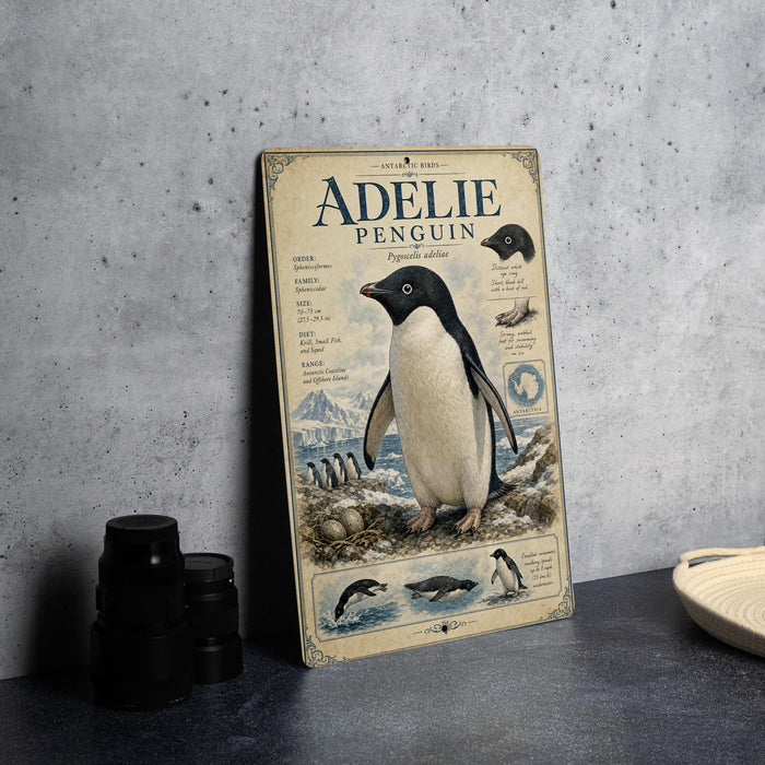 a poster or book cover for "Adelie Penguin" with an illustration of a penguin and various text and images related to penguins.