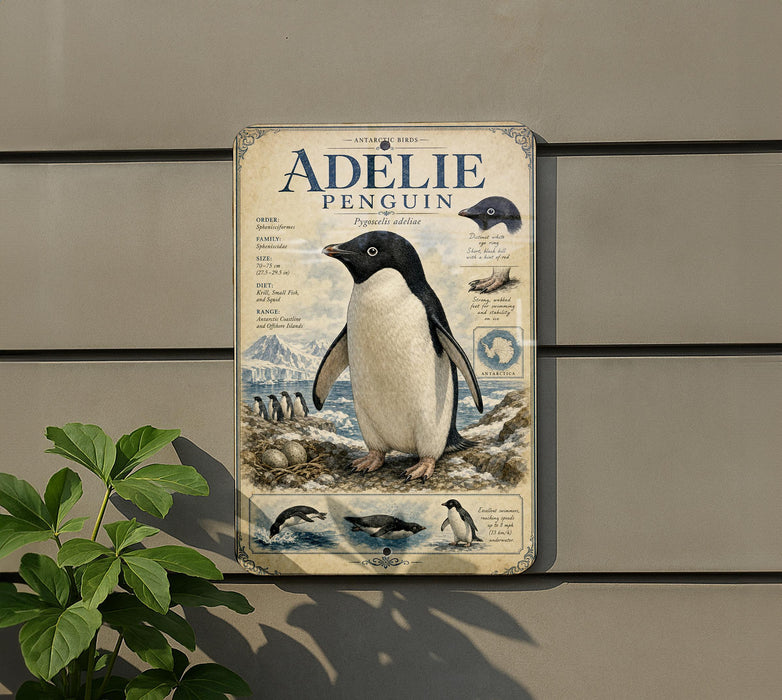 a penguin illustration on a wall, with a plant in the foreground.