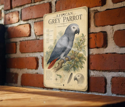 a vintage-style metal sign with an illustration of a grey parrot, mounted on a brick wall.