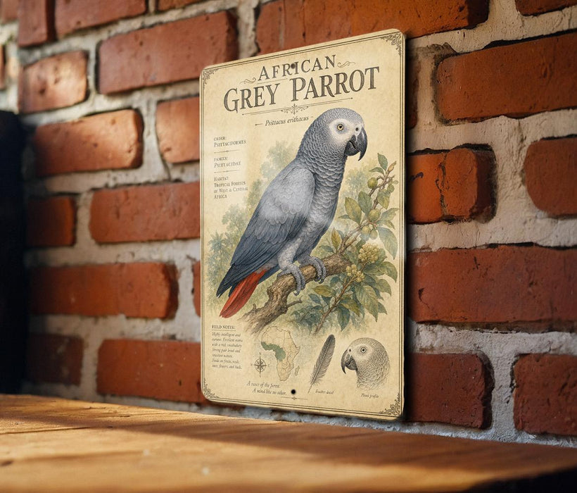 a vintage-style metal sign with an illustration of a grey parrot, mounted on a brick wall.