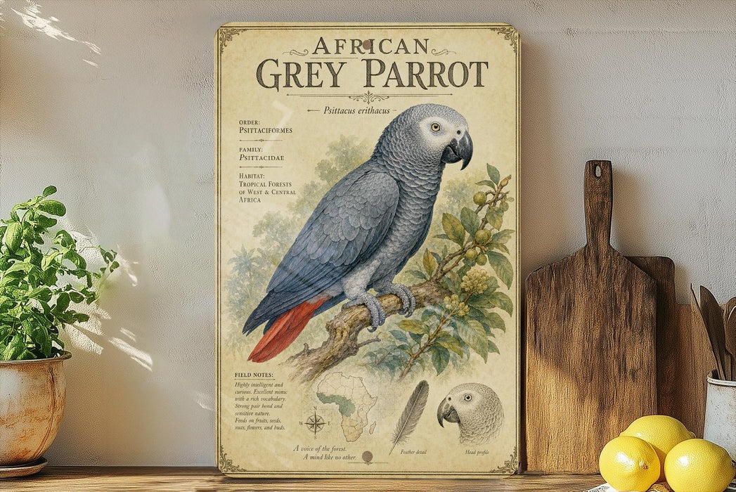a poster of an African Grey parrot, with a detailed illustration of the bird perched on a branch. The poster includes text and illustrations related to the species, such as its habitat, physical features, and scientific name. The poster is displayed on a shelf next to a wooden cutting board and a potted plant, creating a homely and decorative setting.