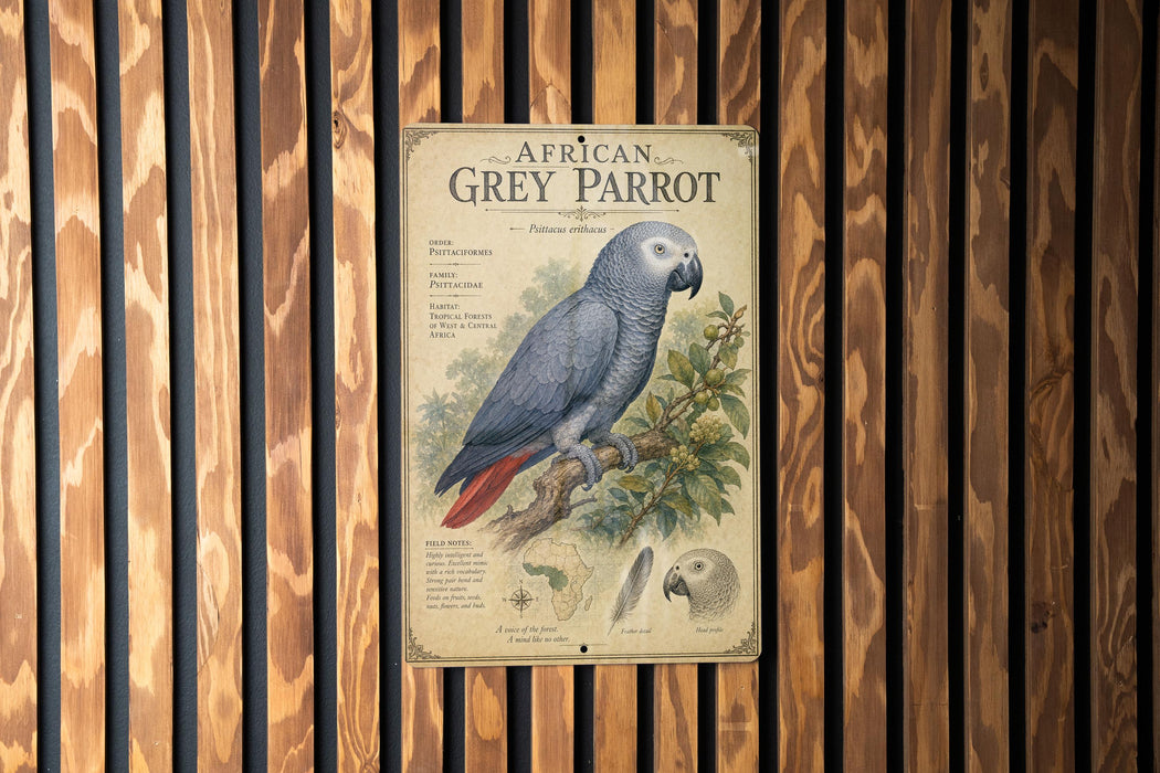 a poster of an African Grey parrot, which is mounted on a wooden wall.