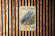 a poster of an African Grey parrot, which is mounted on a wooden wall.