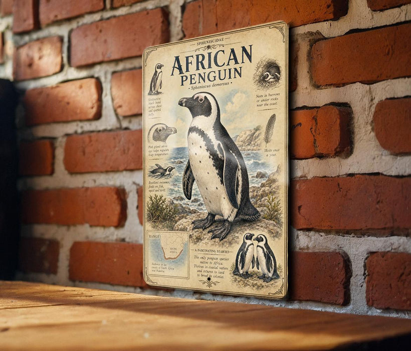 a vintage-style illustration of an African penguin on a brick wall, accompanied by various illustrations and text providing information about the penguin.