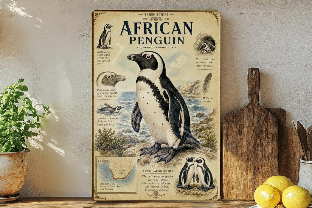 a poster of an African penguin on a shelf, surrounded by various kitchen utensils and a potted plant.