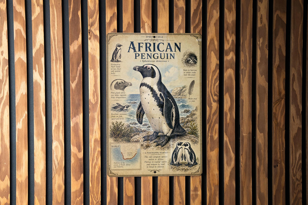 a poster of an African penguin, with various illustrations and text providing information about the species.