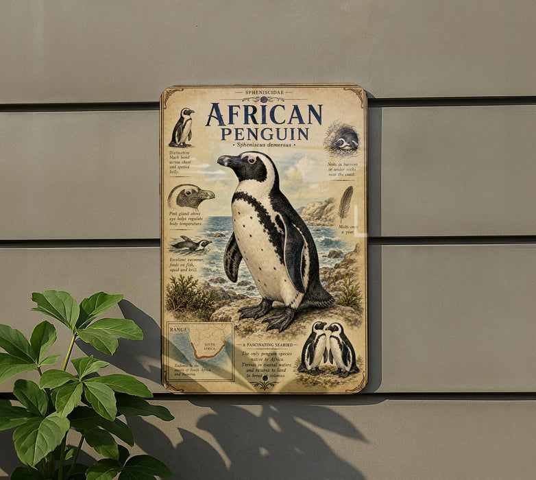 a vintage-style illustration of an African penguin on a wall, accompanied by various penguin illustrations and text.