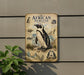 a vintage-style illustration of an African penguin on a wall, accompanied by various penguin illustrations and text.