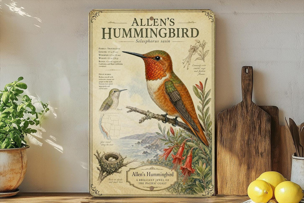 A framed illustration of a hummingbird, titled "Allen's Hummingbird", is displayed on a shelf next to a wooden cutting board and a potted plant.