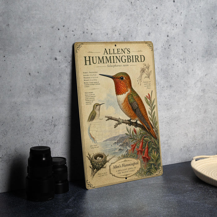 A vintage-style metal sign displaying an illustration of a hummingbird, with text and illustrations related to the species.